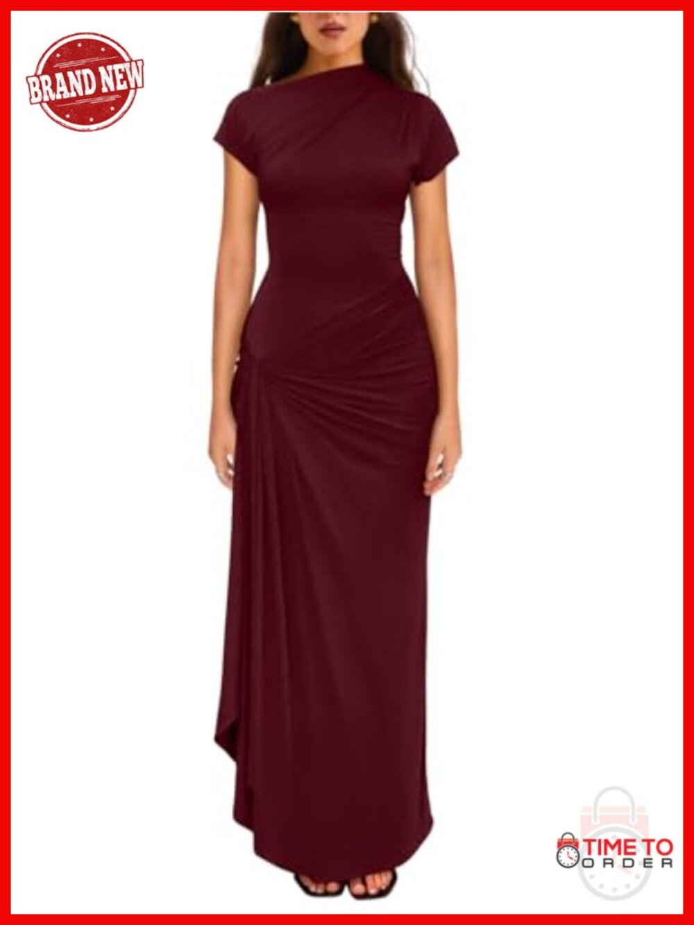 Women's Ruched High Split Short Sleeve Long Party Maxi Dress